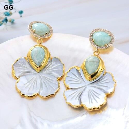 GuaiGuai Jewelry White Mother Of Pearl Shell Carved Flower Amazonite Stud Earrings