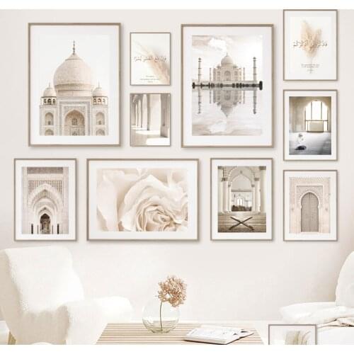 Islamic Muslim Religious Building Wall Art Canvas Painting Nordic Feather Flower Poster Pictures for Living Room Home Frameless
