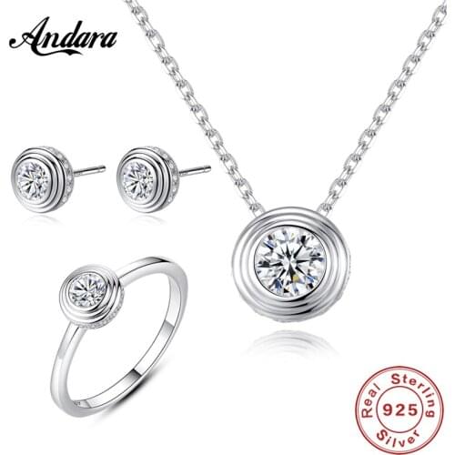 Luxury Jewelry Sets 100% 925 Sterling Silver Fashion Round AAA Zircon Necklaces Earrings Rings Set Female Woman Fine Jewelry