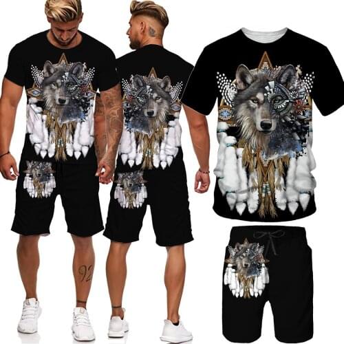 New 3d Printing Mens T-shirt + Shorts Suit Mens Sportswear O-neck Short-sleeved Wolf Pattern Mens Printed Suit Beach Pants