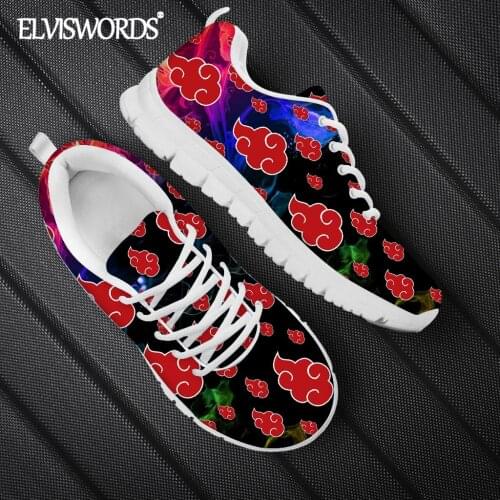 ELVISWORDS Red Akatsuki Logo Pattern Mens Cool Anime Flat Shoes Breathable Mesh Running Shoes Boys Naruto Design Sneakers