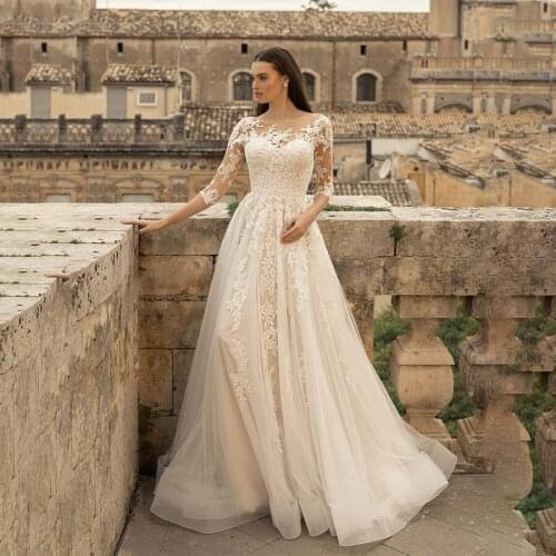 Scoop Lace Applique 3/4 Sleeves Light Champagne Wedding Dress A-line vestidos de novia sencillos Bridal Gowns