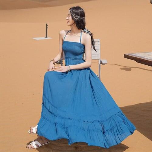 Fashion Summer Vintage Casual Backless Bandage Maxi Party Dress Ladies Elegant Sexy Strap Sleeveless Beach Vacation Dress Robe