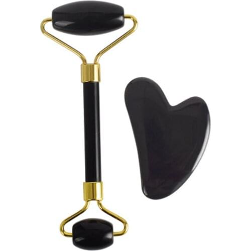 Natural Black Obsidian Jade Roller Face Lifting Tool Massager Jade Gua Sha Massage Tool Crystal Stone Jade Facial Massager Set