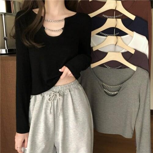 2021 Autumn Design Sense Chain Carefully Slim Slimming Bottoming Long-Sleeved T-shirt Top Women