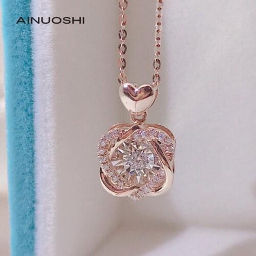 AINUOSHI 18K Gold Round Cut 0.09ct Real Diamond Dancing Heart Interlaced Pendant Necklace Female Star Same Style Jewerly 18