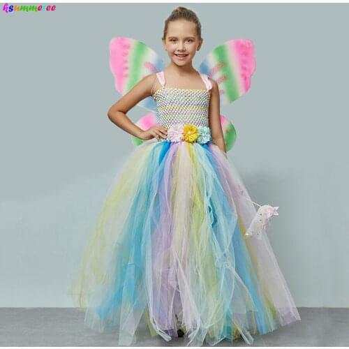 Girls Pastel Rainbow Tutu Dress with Wing and Wand Kids Princess Vestidos Ball Gown Girls Birthday Party Pageant Clothes