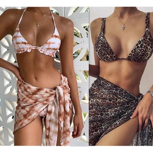 Sexy 3 Piece Swimsuit Women Tie Dye Push Up Padded Biquini Brazilian Summer Bathing Suit Thong Bikini 2021 Swimwear Women Skirt