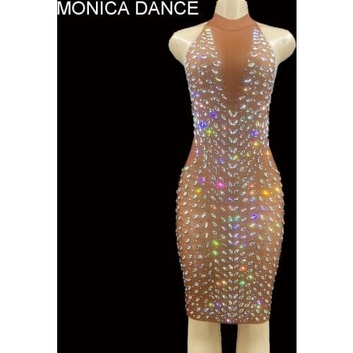 Sexy Sparkly Silver Crystals See Through Sleeveless Brown Dress Prom Party Mesh Evening Dance Outfit Birthday Celebrate Dress