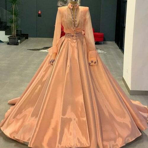 Real Image Evening Dresses for Women High Collar A Line Long Sleeve Prom Dress Party Wear Crystal Formal Robe De Soirée