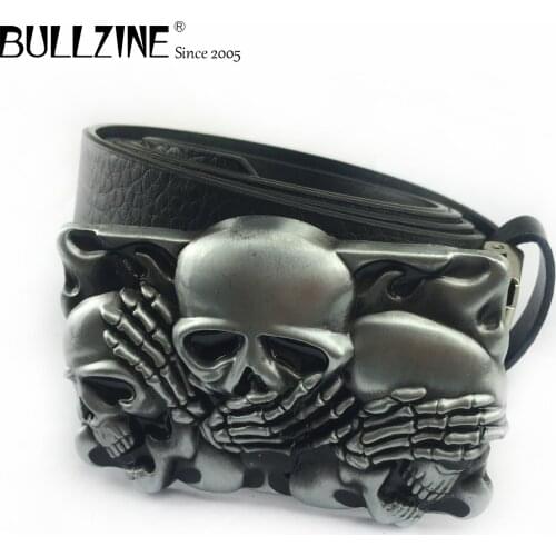 Bullzine zinc alloy skull belt buckle cowboy jeans gift belt buckle pewter finish free PU belt 03399 drop shipping