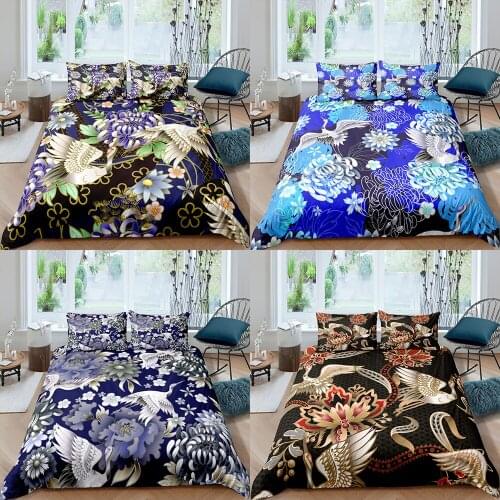 Home Textiles Luxury 3D Crane Flowers Print Duvet Cover Set 2/3 Pcs Pillowcase Kid Bedding Set AU/EU/UK/US Queen and King Size
