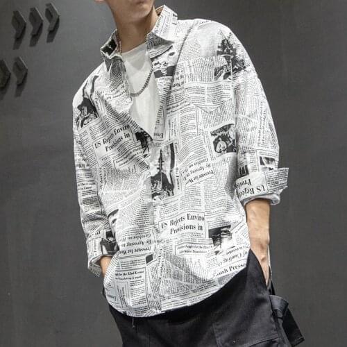Japanese Mens Shirt Retro Newspaper Printed Hawaiian Korean Fashion Summer Thin Cardigan Chic Long Sleeve Floral Shirt Camisa