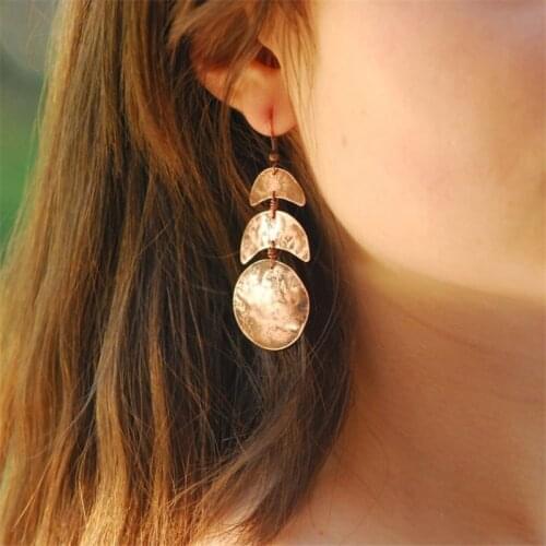 KO-49F2 Long Moon Phase Earrings Celestial Etched Geometric Dangles Jewelry for Women Girl Crescent Moon X Round Stud Earrings