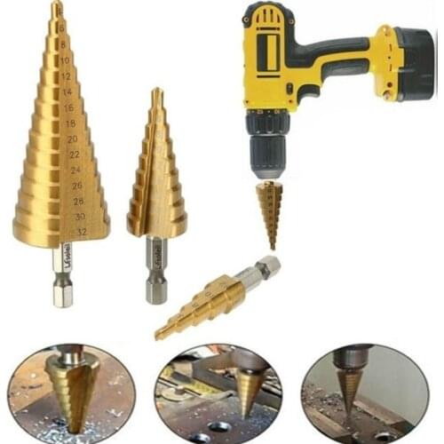 4-12/20/32mm HSS Steel Large Step Cone Titanium Coated Metal Drill Bit Cut Tool Set Hole Cutter (1Pcs Gold)