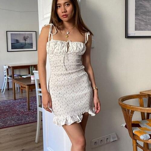 TIESOME Floral Shirred Mini Dress Summer Sexy Spaghetti Straps White Ruffles Party Beach Dress Backless Mini Dresses Vestidos