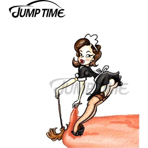 Jump Time 13 x 10cm For Cute Cartoon Pinup Maid Sweeping Up Funny Car Stickers Scratch-proof Custom Waterproof Decal for Vehicle