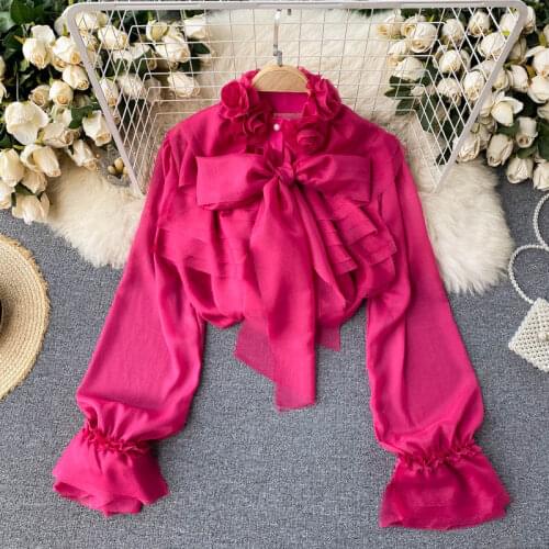 Womens Spring Autumn Runway Fashion Long Sleeve Ruffles Shirt Female High Waist Bow Collar Casual Blouse Tees Tops TB1578