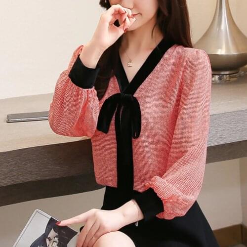 Summer Autumn Women Long Sleeve Blouse Tops Tie Bow Chiffon Shirts Female Casual V-Neck Plaid Blouses Blusas Plus Size 5XL A1485
