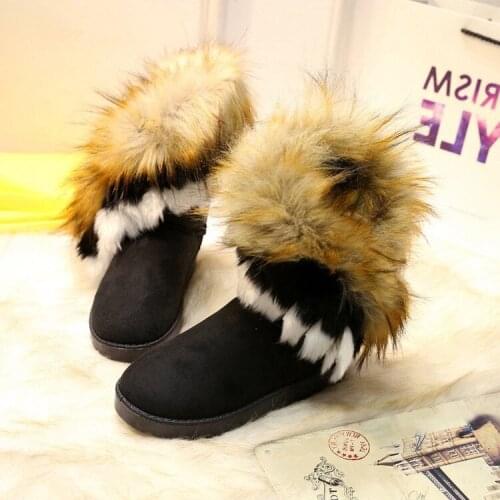 Women Flat Ankle Snow Boots Fur Boots Winter Warm Snow Shoes Round-toe Female Flock Leather Women Shoes