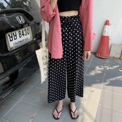 2020 Women Summer Elastic High Waist Polka Dot Long Pants Loose Wide Leg Trousers Ankle Length