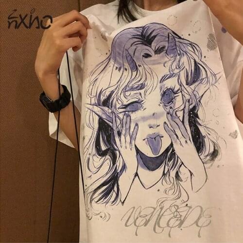 Women T-shirts Anime Printed Half-Sleeves Loose O-neck Oversized Female Tops 2021 Summer New Fashion y2k Casual Woman Clothes