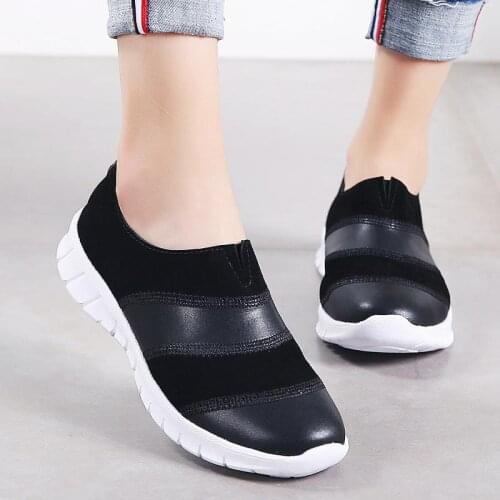 Big Size PU Leather Slip-on Womens Sports Shoes Sport Sneakers Woman Running Shoes Ladies Black Sapatillas 2021 Runnig A-1511