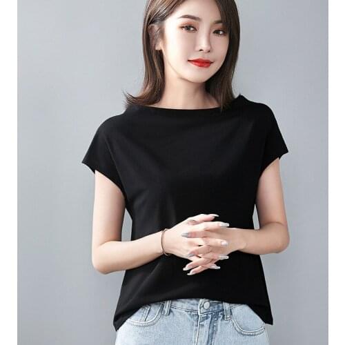Women Soft Cotton T-shirt Slash Neck Solid color Lady Tees Short Sleeve Summer Womens clothings All match Female T-shirts