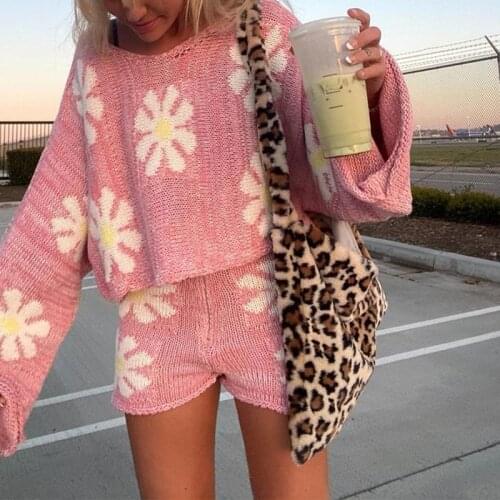 2 Pieces Shorts Sweater Sets Knitting O-Neck Loose Long Sleeve Tops High Waist Wide Leg Short Pants Autumn Winter Womens Suit