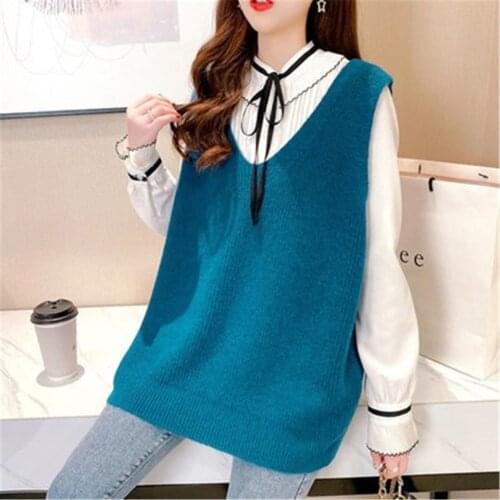 2021 Autumn New Women V Neck Sleeveless Sweater Vest Female Casual Loose Jumper Tops Womens Knitted Sweater Pullover Vest Y5904