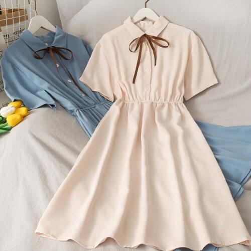 Women Dress Summer Elastic Waist Short sleeve Solid color Sweet Bow Chiffon dress 2021 Fashion Casual Mid-Calf Dresses