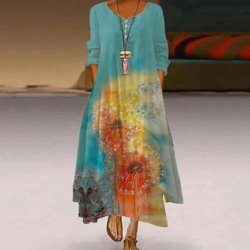 40# Tie-dye Bohemian Plus Size Print Dress Women Casual Vintage Long Sleeve O Neck Dress Spring Female Dresses Vestido De Mujer