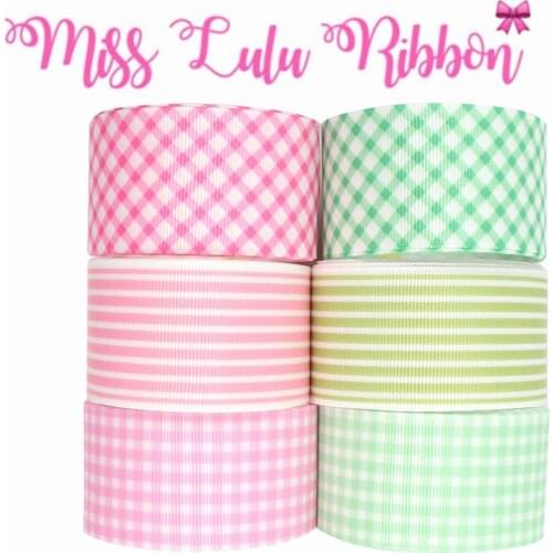 16mm-75mm Pink Green Stripe Check Printed Grosgrain/Foe Ribbon Geometric DIY Hair Bowknots Gifts Packing 50yards/roll