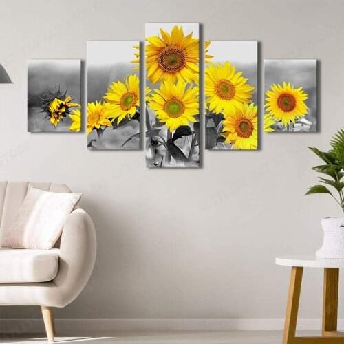 5 Panels Canvas Painting Sunflowers Wall Art Decor Black and White Canvas Print Floral Landscape Pictures for Home Wall Decorati
