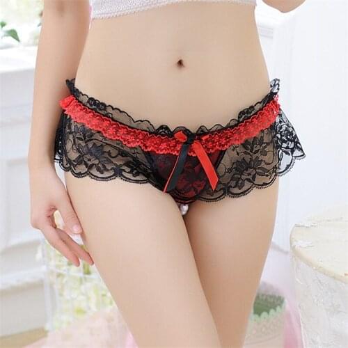 Black Underwear Women Sexy Crotchless Panties Culotte Femme Women Thongs and g strings Pearl Bow Tie Lace Seamless Panties