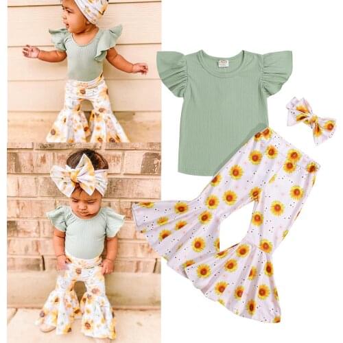 FOCUSNORM 1-6Y Summer Lovely Kids Girls Clothes Sets 3pcs Ruffles Sleeve Solid T Shirts Tops Sunflowers Flare Pants Headband