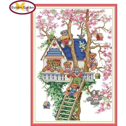 GG Bears Tree House Painting Cross Stitch Embroidery Needleworks Set Stamped Cross Stitch 11ct Joy Sunday Cross Stitch for Kids