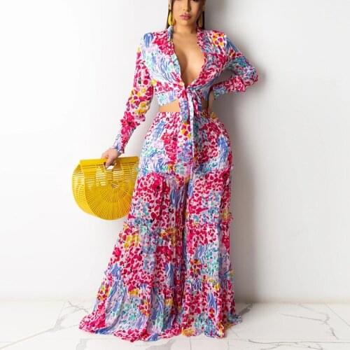 Two Piece Ruffles Classy Suits Long Sleeve Tie Front Blouse Shirt & Wide Leg Loose Pants Set