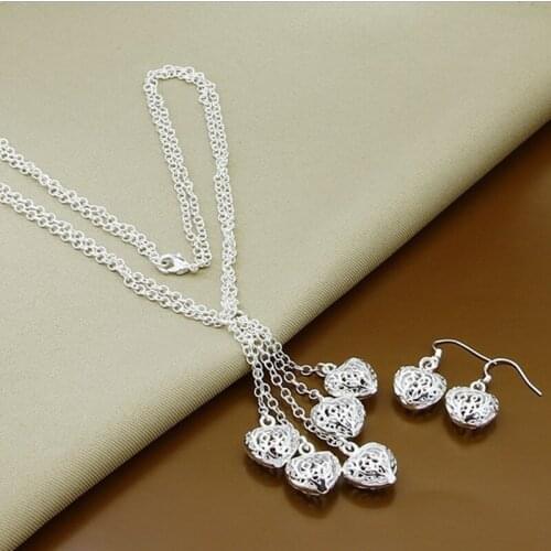 Jewelry Set 925 Silver Hollow Heart Shape Pendant Necklace Earring Set For Women Wedding Accessories Jewelry