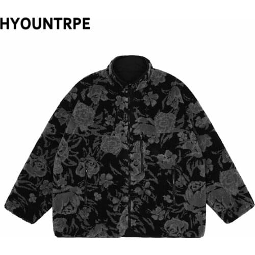 Mens Rose Fleece Reversible Jackets and Coats Fashion Hairy Zipper Loose Outerwears Streetwear Parkas Casual Warm Bomber Jacket