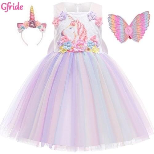 Summer Girls Unicorn Costumes Kids Flowers Tutu Tulle Dress Headband Wings Children Fancy Birthday Theme Party Costumes Pink