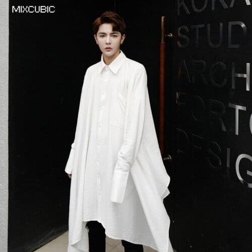 MIXCUBIC 2017 Autumn British style unique Asymmetry length design shirts men Long section casual loose white shirts for men