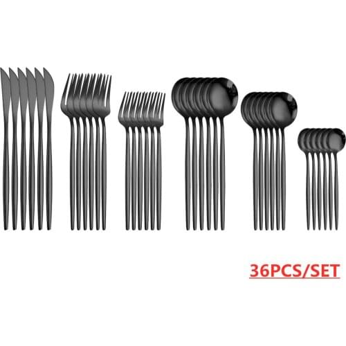 36pcs/set Black Cutlery Stainless Steel Cutlery Sets Forks Knives Spoons Kitchen Dinner Set Fork Spoon Knife Gold Dinnerware Set