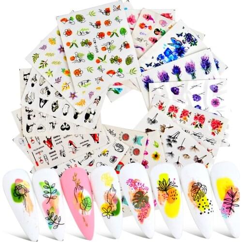 1pcs Abstract Lady Face Water Decals Fruit Flower Summer Leopard Alphabet Leaves Nail Stickers Water Black Leaf Sliders