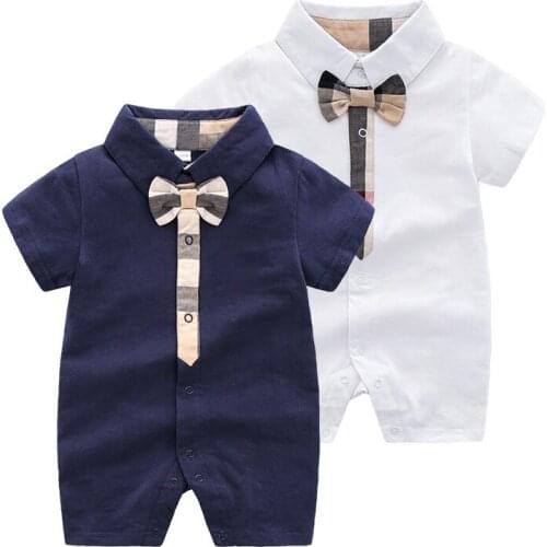 New arrival summer fashion newborn baby clothes cotton Plaid stripes short-sleeved gentleman baby Boy girl rompers 0-24 months