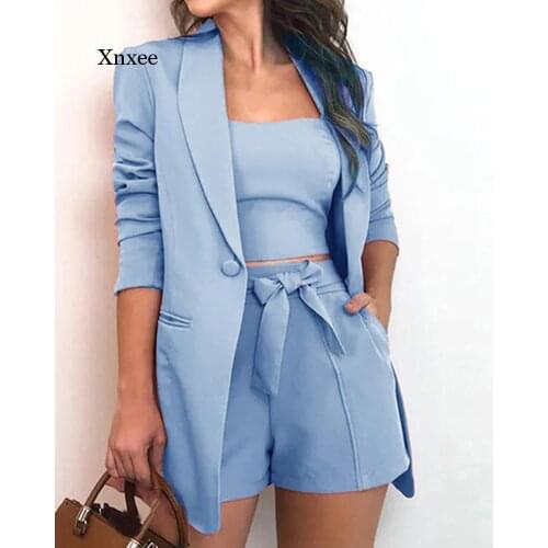 Ol Suit 3 Piece Set Women Elegant Blazer Formal Lady Shorts Top Sets Plus Size Solid Top Office Coat Shorts Outfits Clothing