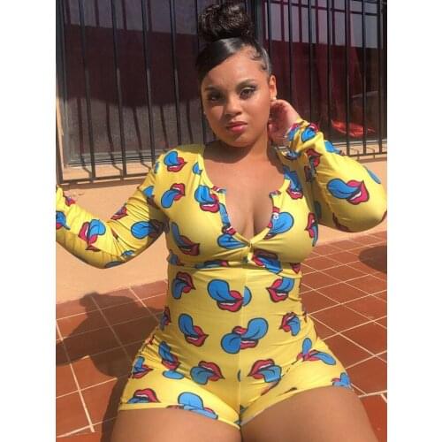 Autumn Womens Sleep Wear Sexy Ropmer Pajamas Cartoon Donut Ice Cream Lip Print Romper Long Sleeve V-Neck Jumpsuit