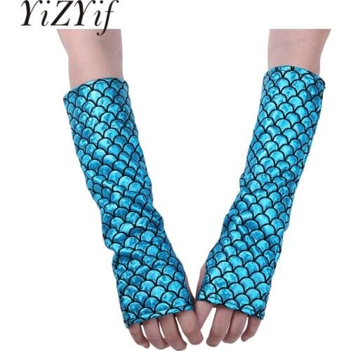 YiZYiF Mermaid Arm Sleeves Glove Fish Scale Pattern Printed Fingerless Long Gloves Arm Sleeves Adult Halloween Costume Accessory