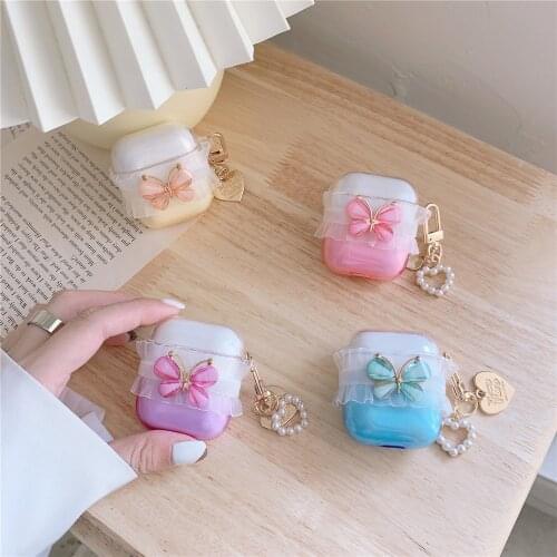 Luxury lace Butterfly Case for Airpods 2 1 Cover LOVE heart Keychain Earphone Transparent Capa for Airpod Pro Headphones Cases