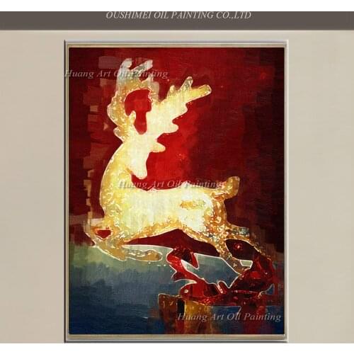 Hand Painted Running Milu Deer Painting on Canvas Modern Red Background Animals Oil Painting for Christmas Decoration Gift